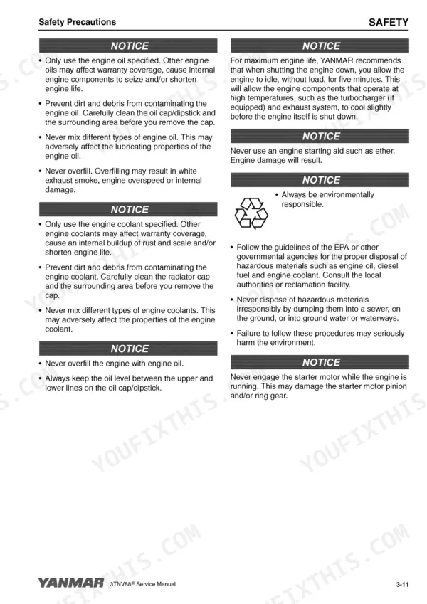 Yanmar 3TNV88F service manual page detailing safety precautions for engine oil, coolant, idling, and hazardous waste disposal.