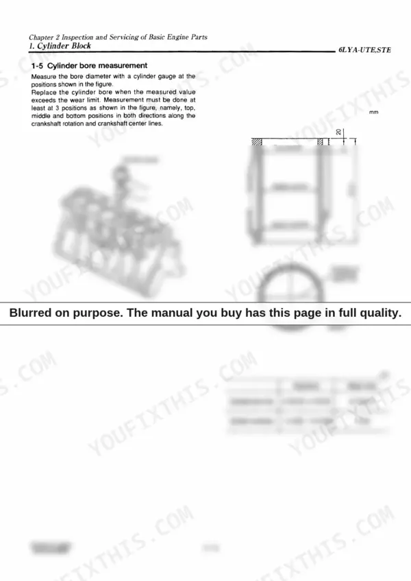 Cylinder bore measurement procedure and clearance specs — Yanmar 6LYA engine rebuild.
