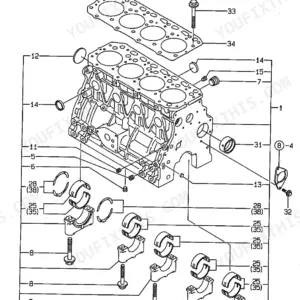 Yanmar 4TNE88 Series exploded view of cylinder block and main bearings.