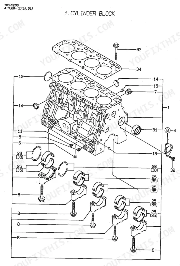 3407f423-b-exploded-view-5 Yanmar 4TNE88 Series exploded view of cylinder block and main bearings.