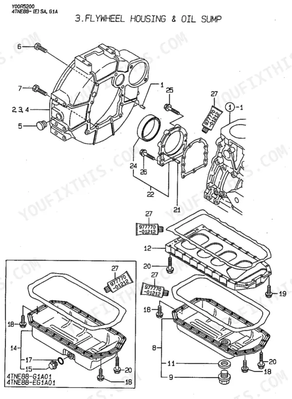 Yanmar 4TNE88 Series exploded view of flywheel housing and oil sump components.