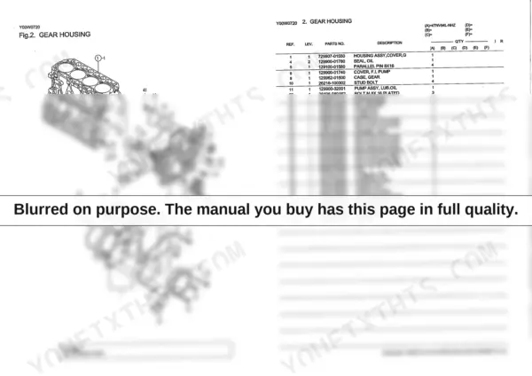 Yanmar 4TNV94L-NHZ, 4JH-DT, 4JH-DTZA, 4JH-DTZ, 4JH-DTZY gear housing exploded view diagram and parts list table.