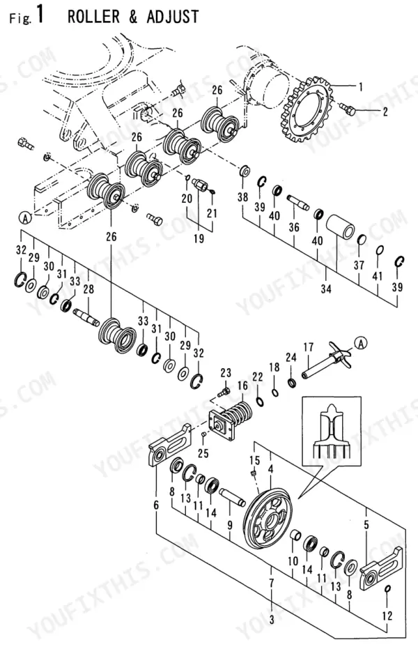 Yanmar B25V-1, 3TNE78A - B1A, B6040 exploded view of track roller and track adjuster assembly components.