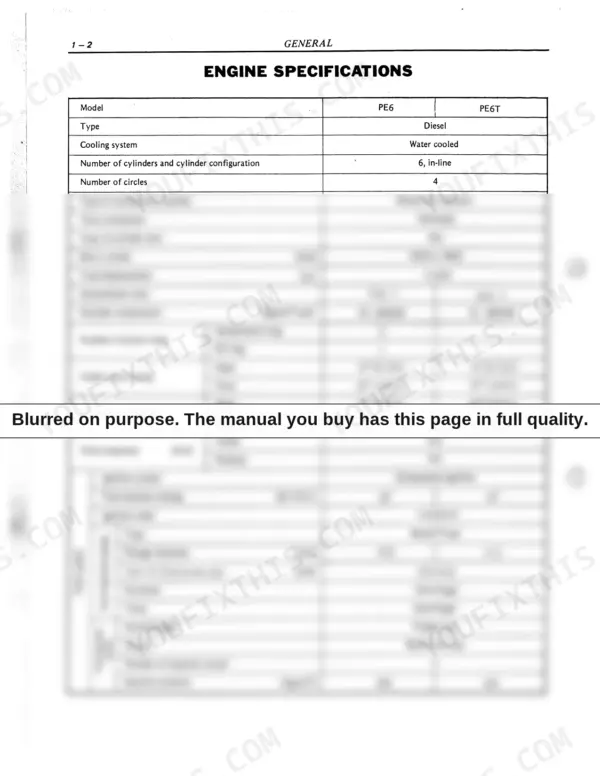 Nissan Diesel Motor Co., Ltd. PE6, PE6T engine specifications table including bore, stroke, valve timing, and fuel system.