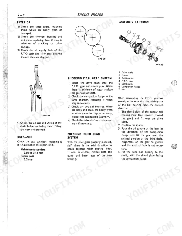 Nissan Diesel Motor Co., Ltd. PE6, PE6T P.T.O. gear system inspection, assembly procedures, and backlash specifications.