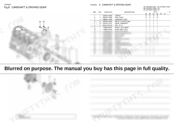 Yanmar 4TNV84T exploded view of camshaft and driving gear