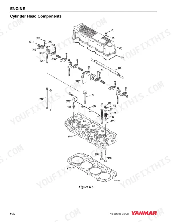 3db9b8f6-b-exploded-view-112 Yanmar 4TNE92-NMH, 4TNE92-NMHA, 4TNE98-NMH exploded view diagram of cylinder head components, valves, and rocker arms.