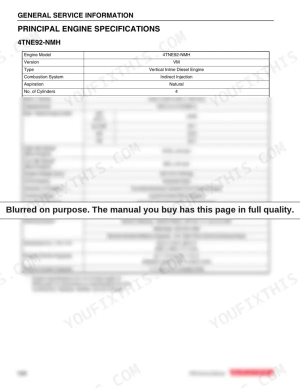 Yanmar 4TNE92-NMH, 4TNE92-NMHA, 4TNE98-NMH engine principal specifications table including bore, stroke, and output.