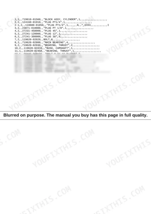 Yanmar 3TNA72L-UTB (YB10-2) parts list showing cylinder block assembly, plugs, main bearings, and cylinder head bolts.