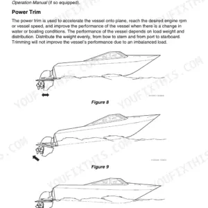 Yanmar ZT370 manual page showing remote controls and power trim operation diagrams for boat vessel positioning.
