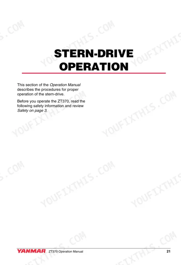 Yanmar ZT370 operation manual page 21, introducing the stern-drive operation section and safety requirements.