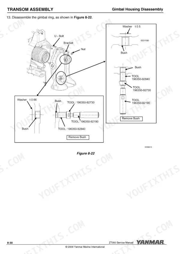 Yanmar ZT350 transom assembly diagram showing gimbal ring bush removal procedure using specialized service tools.