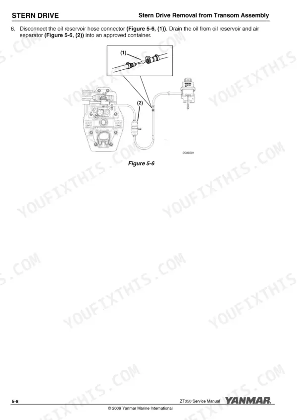 Yanmar ZT350 stern drive removal procedure showing oil reservoir hose connector and air separator drainage diagram.