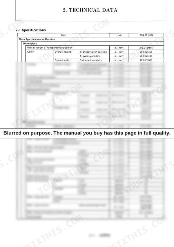Yanmar B50-2B (US) technical data table showing machine dimensions, traveling performance, and work performance specs.