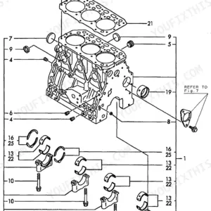 Yanmar 3TNE88-(E)B1(B37-2B) exploded view of cylinder block, main bearing caps, bolts, and head gasket components.