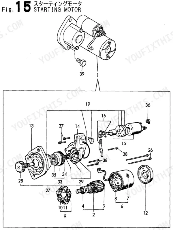 Yanmar 3TNE88-(E)B1(B37-2B) exploded view diagram of the starting motor assembly with numbered component parts list.