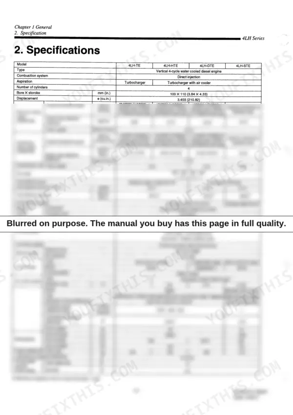 Yanmar 4LH series engine specifications table including output, fuel injection, cooling, and lubrication system data.