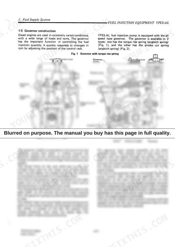 Yanmar 4LH series YPES-AL fuel injection pump governor construction diagram with torque rise spring components.