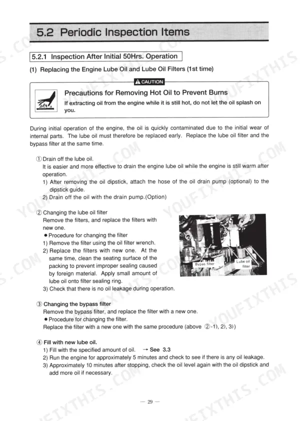 Yanmar 6CXM-GTE2 engine oil and filter replacement procedure, including bypass filter and drain pump instructions.