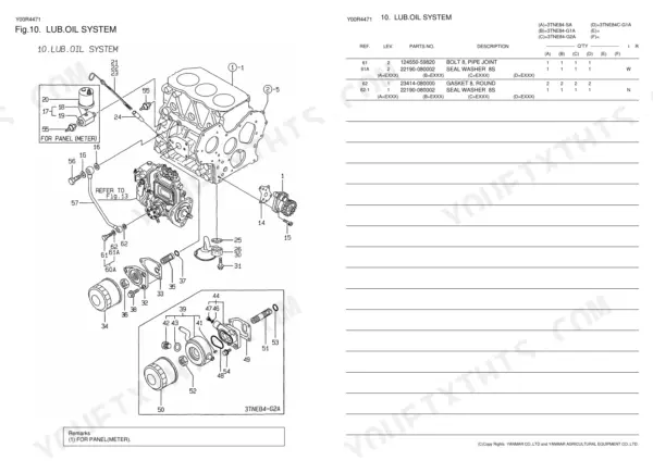 Yanmar 3TNE84-SA, 3TNE84-G1A, 3TNE84-G2A, 3TNE84C-G1A exploded view diagram of the engine lubrication oil system parts.
