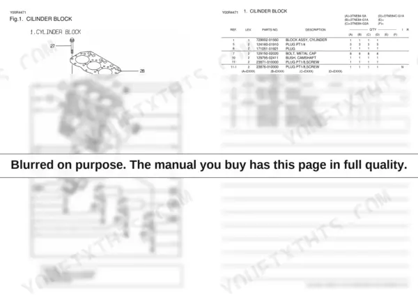 Yanmar 3TNE84-SA, 3TNE84-G1A, 3TNE84-G2A, 3TNE84C-G1A exploded view and parts list for cylinder block assembly.