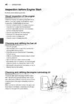 47ed4d71-b-operations-46 Yanmar 6EY17W operation manual page 40, pre-start inspection, fuel system, and lubricating oil dipstick check procedures.
