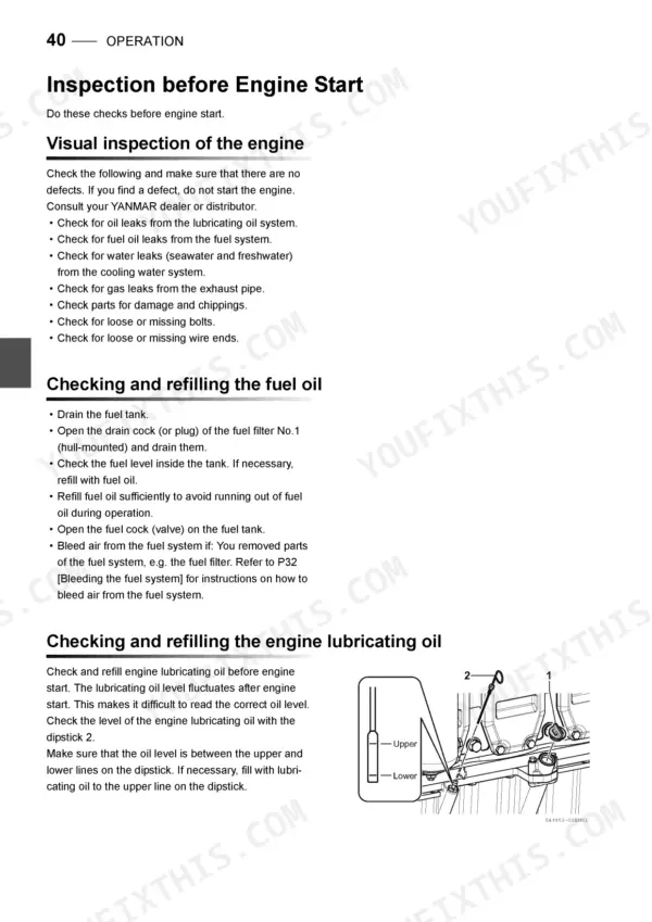 Yanmar 6EY17W operation manual page 40, pre-start inspection, fuel system, and lubricating oil dipstick check procedures.