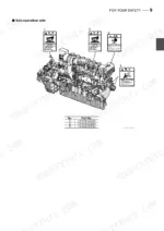 47ed4d71-b-safety-15 Yanmar 6EY17W non-operation side engine diagram showing safety label locations and part numbers for hot surfaces and moving parts.