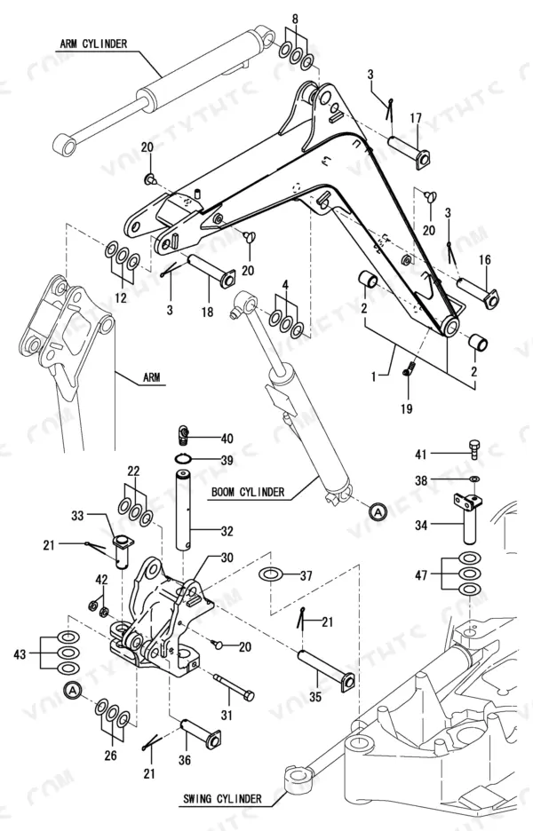 Yanmar B08-3, B08-3 (US), B08-3 (AS), 2TNE68-EBVA exploded view of boom, arm, and swing cylinder mounting components.