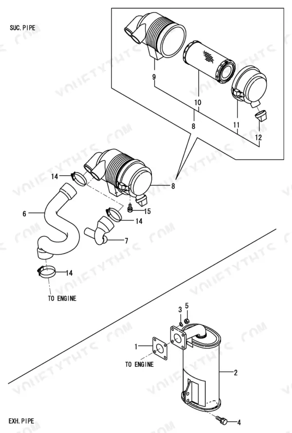 49270578-b-page-20 Yanmar B08-3, B08-3 (US), B08-3 (AS), 2TNE68-EBVA exploded view of air cleaner assembly and exhaust muffler system components.