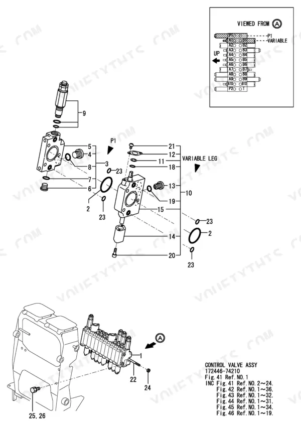 Yanmar B08-3, B08-3 (US), B08-3 (AS), 2TNE68-EBVA exploded view of control valve assembly and variable leg components.