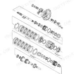 Yanmar EG907 transmission power reverser exploded view diagram showing clutch packs, shafts, and bearings.