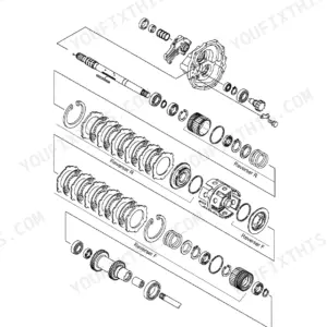 Yanmar EG907 transmission power reverser exploded view diagram showing clutch packs, shafts, and bearings.