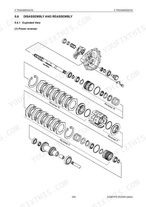 49639bcd-b2-exploded-view-221 Yanmar EG907 transmission power reverser exploded view diagram showing clutch packs, shafts, and bearings.