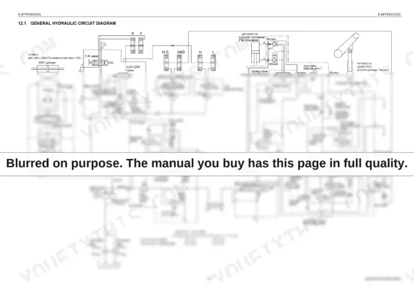 Yanmar EG907 general hydraulic circuit diagram showing pumps, valves, cylinders, and filters with pressure specifications.