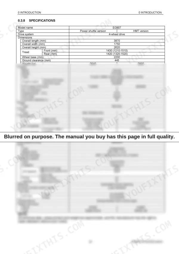 Yanmar EG907 tractor specifications table covering dimensions, engine, transmission, PTO, hydraulic system, and tyre sizes.