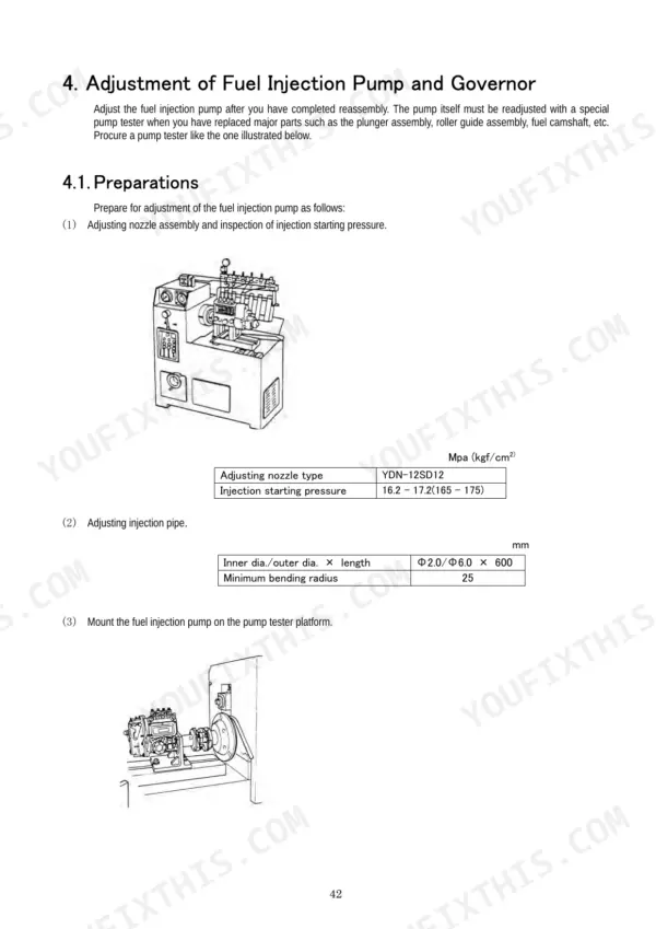 Yanmar 3TNV82A-4TNV106(T) fuel injection pump and governor adjustment procedures, pump tester diagrams, and pressure specs.