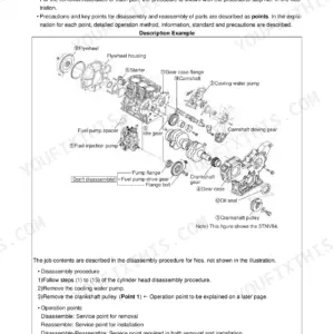 Yanmar 3TNV82A-4TNV106(T) exploded view showing engine disassembly procedures, flywheel, gear case, and pump components.