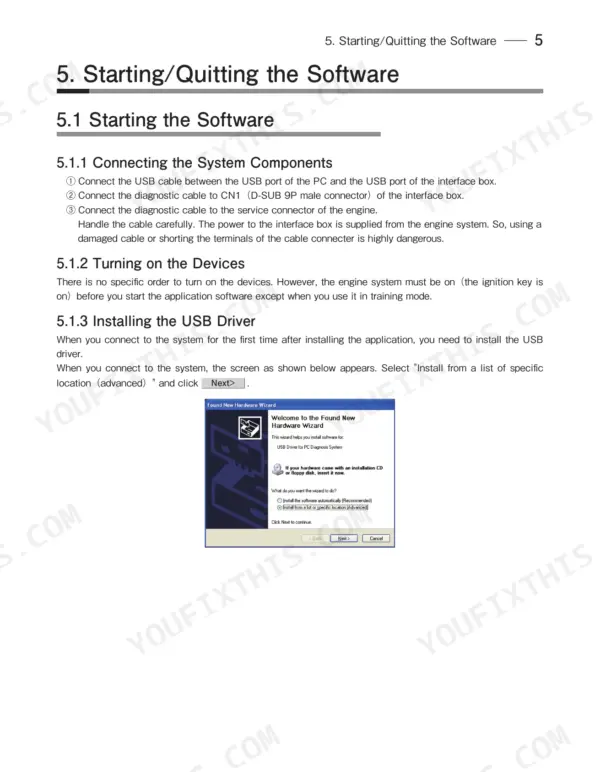 Yanmar TNV Series (R55-7A/R80-7A mini-excavator) — software installation and USB driver setup guide.