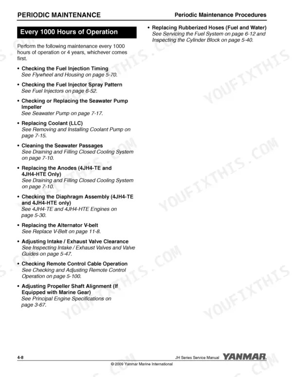 Yanmar 3JH5E, 4JH5E, 4JH4-TE, 4JH4-HTE 1000-hour periodic maintenance procedures list for engine components.
