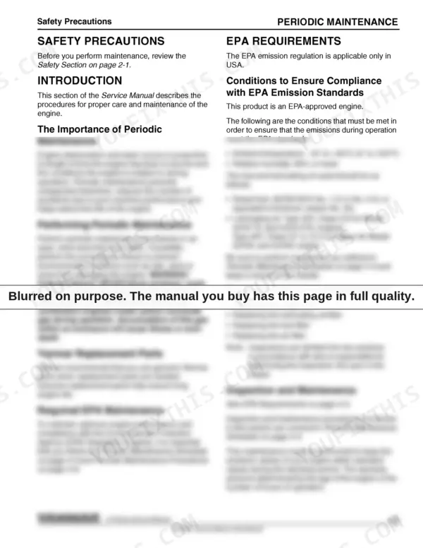 Yanmar 3JH5E, 4JH5E, 4JH4-TE, 4JH4-HTE service manual page covering safety precautions and EPA emission requirements.