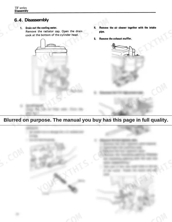 Yanmar TF series engine disassembly procedures for cooling water, oil, air cleaner, muffler, and fuel injection valve.