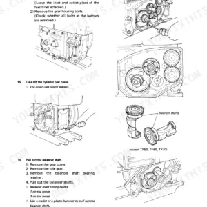 Yanmar TF series disassembly guide for gear housing, cylinder rear cover, and balancer shaft removal procedures.