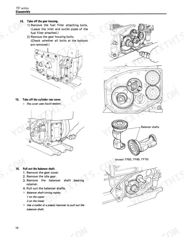 4bd384c5-b-procedures-20 Yanmar TF series disassembly guide for gear housing, cylinder rear cover, and balancer shaft removal procedures.
