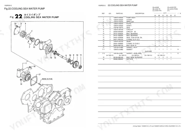 Yanmar 4JH2E, 4JH2-TE, 4JH2-THE, 4JH2-DTE, 4JH2-UTE(B), 4JH2-HTE exploded view and parts list for cooling sea water pump.