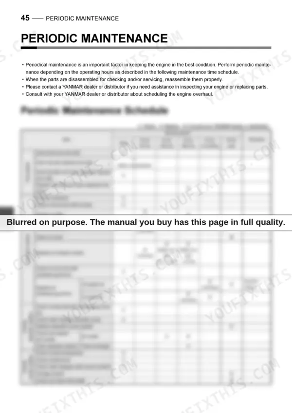 Yanmar 12AYM-WGT, 12AYM-WET, 12AYM-WST periodic maintenance schedule table for fuel, lubrication, and cooling systems.