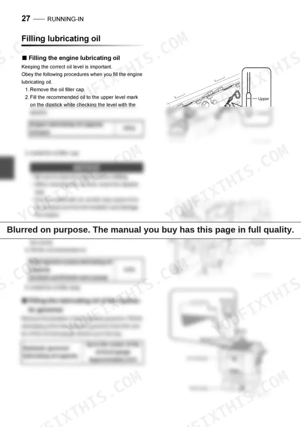 Yanmar 12AYM-WGT, 12AYM-WET, 12AYM-WST engine oil filling procedure, dipstick level diagrams, and capacity tables.