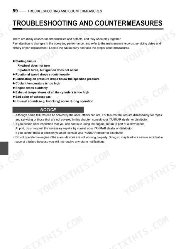 Yanmar 12AYM-WGT, 12AYM-WET, 12AYM-WST troubleshooting and countermeasures list for engine failure symptoms.
