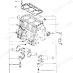 Yanmar 3TNC80L-RB1, SUM30 exploded view of cylinder block, head gasket, main bearings, and bolts.