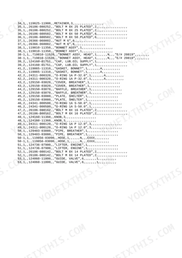 Yanmar 3TNC80L-RB1, SUM30 parts list for cylinder head, bonnet, breather, and valve components with part numbers.